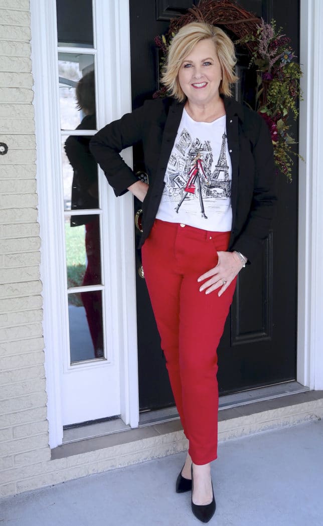 Black shirt red on sale pants