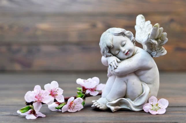 Angel guardian sleeping with flowers