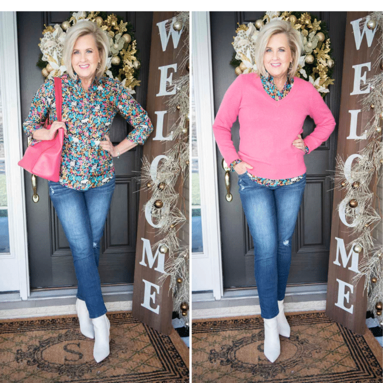 2 photos of Fashion Blogger 50 Is Not Old wearing a pink v-neck sweater over top of a brightly printed shirt, and pair of distressed skinny jeans, and a pair of white ankle boots