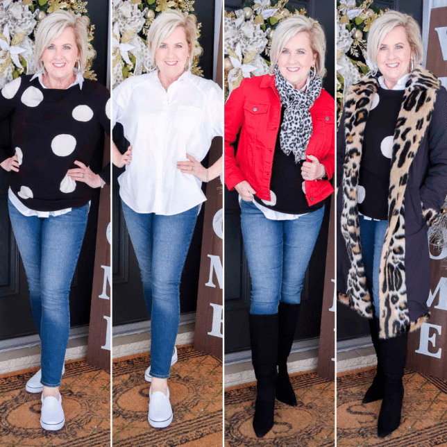 Fashion Blogger 50 Is Not Old is wearing a classic white button up shirt and skinny jeans in a medium wash differently for 4 seasons