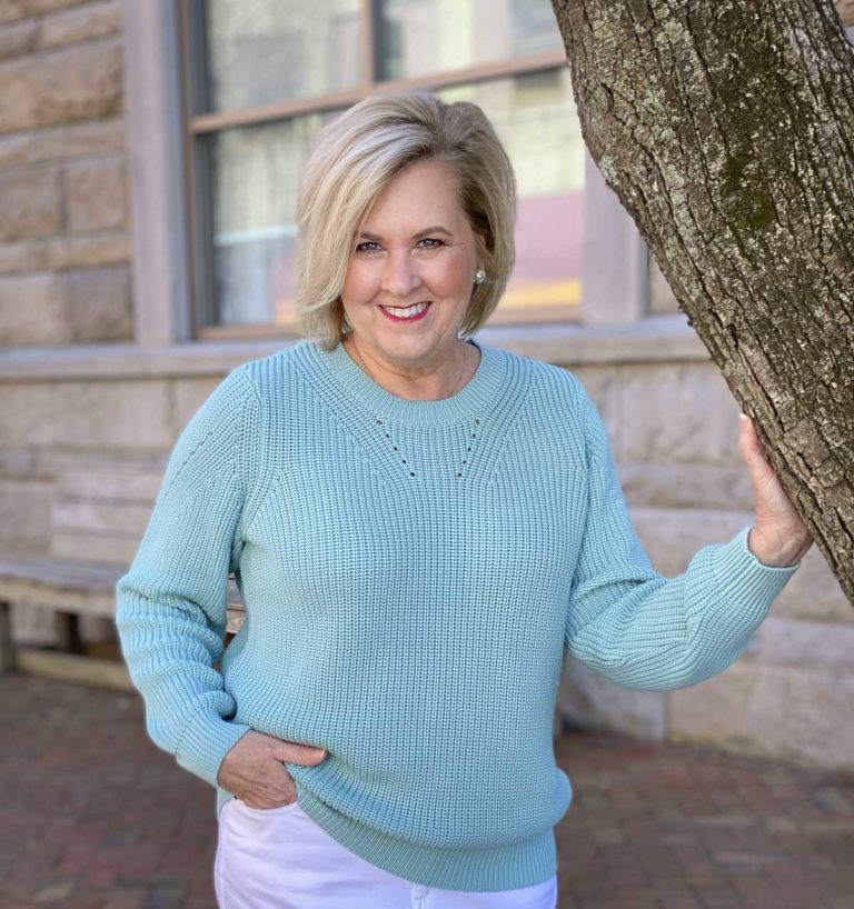 Fashion Blogger 50 Is Not Old is wearing a Sea Frost shaker-knit sweater