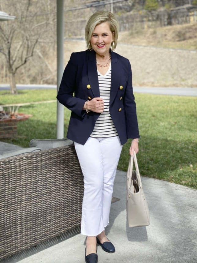 White jeans hotsell and blue blazer