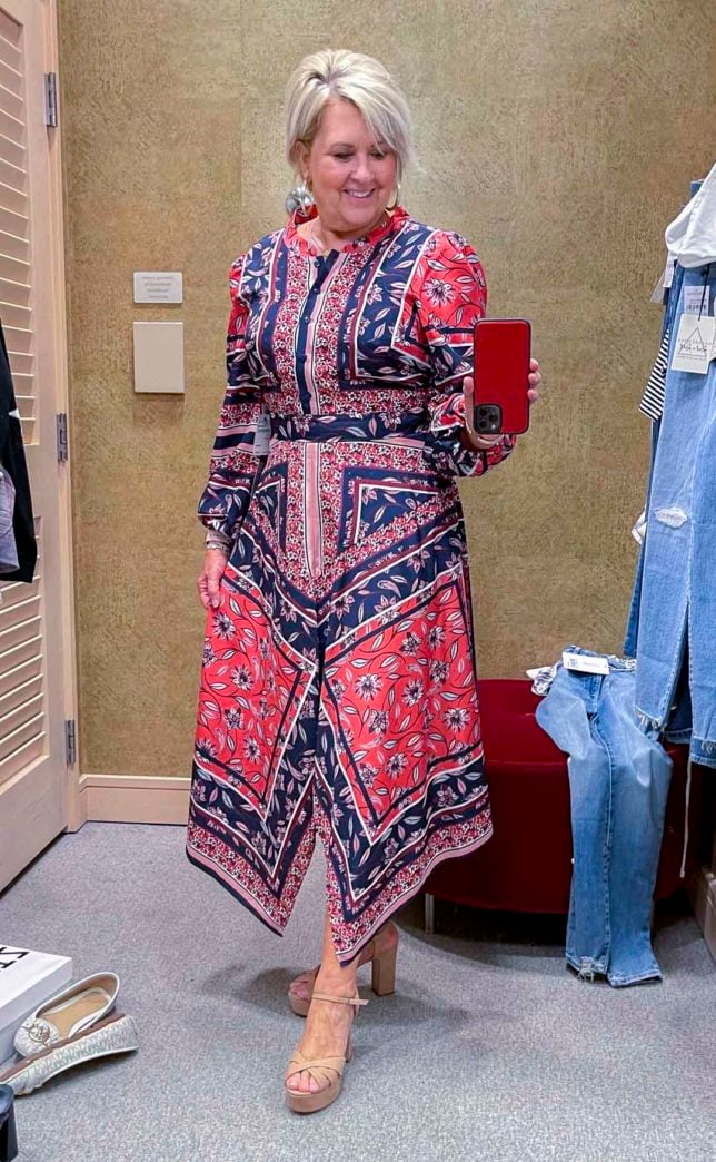 Fashion Blogger 50 Is Not Old is wearing a handkerchief hem dress with neutral suede heels from the Nordstrom Sale 