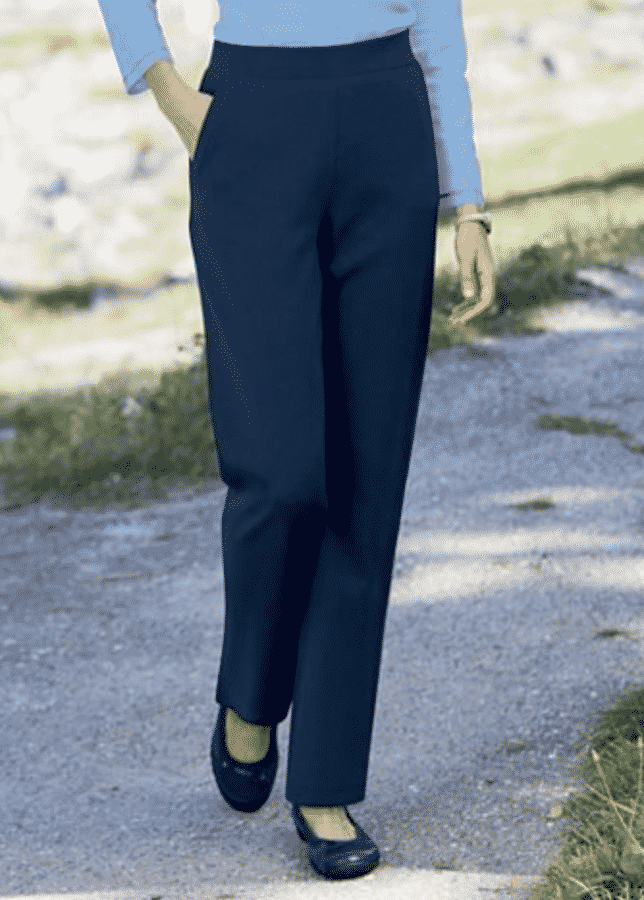 navy knit pants with blue shoes
