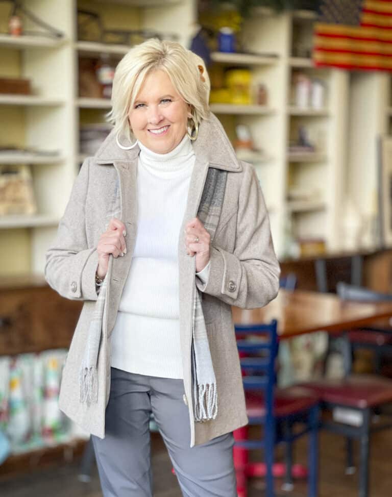 Over 40 Fashion Blogger, Tania Stephens, is ready for coat wearing season in a taupe coat from Appleseed's