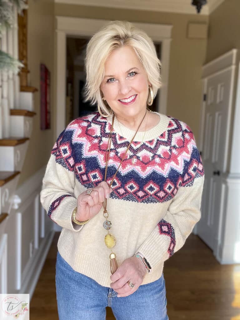 Over 40 Fashion Blogger, Tania Stephens is wearing a Fairisle sweater