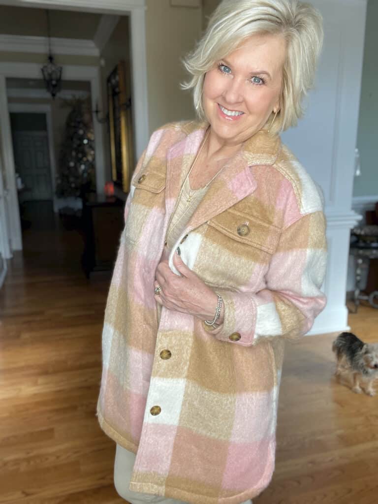 Over 40 Fashion Blogger, Tania Stephens is wearing an Old Navy pink and camel shacket