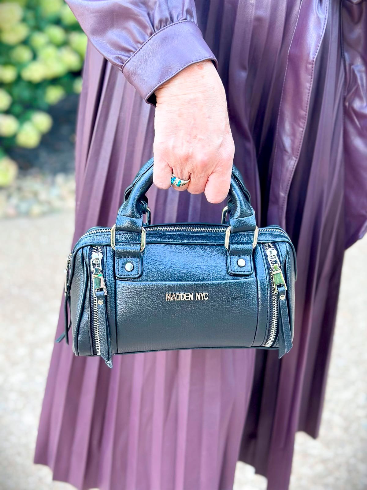 Over 50 Fashion Blogger, Tania Stephens is wearing the latest fall trends from Walmart - Faux Leather Pleated Dress4