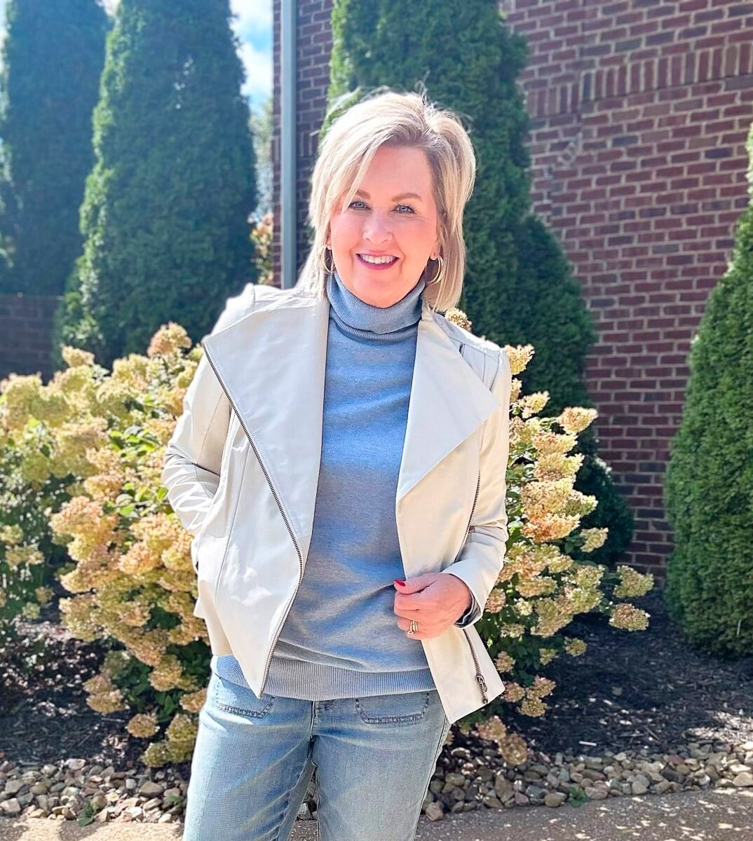 Over 50 Fashion Blogger, Tania Stephens is styling leather jackets for fall19