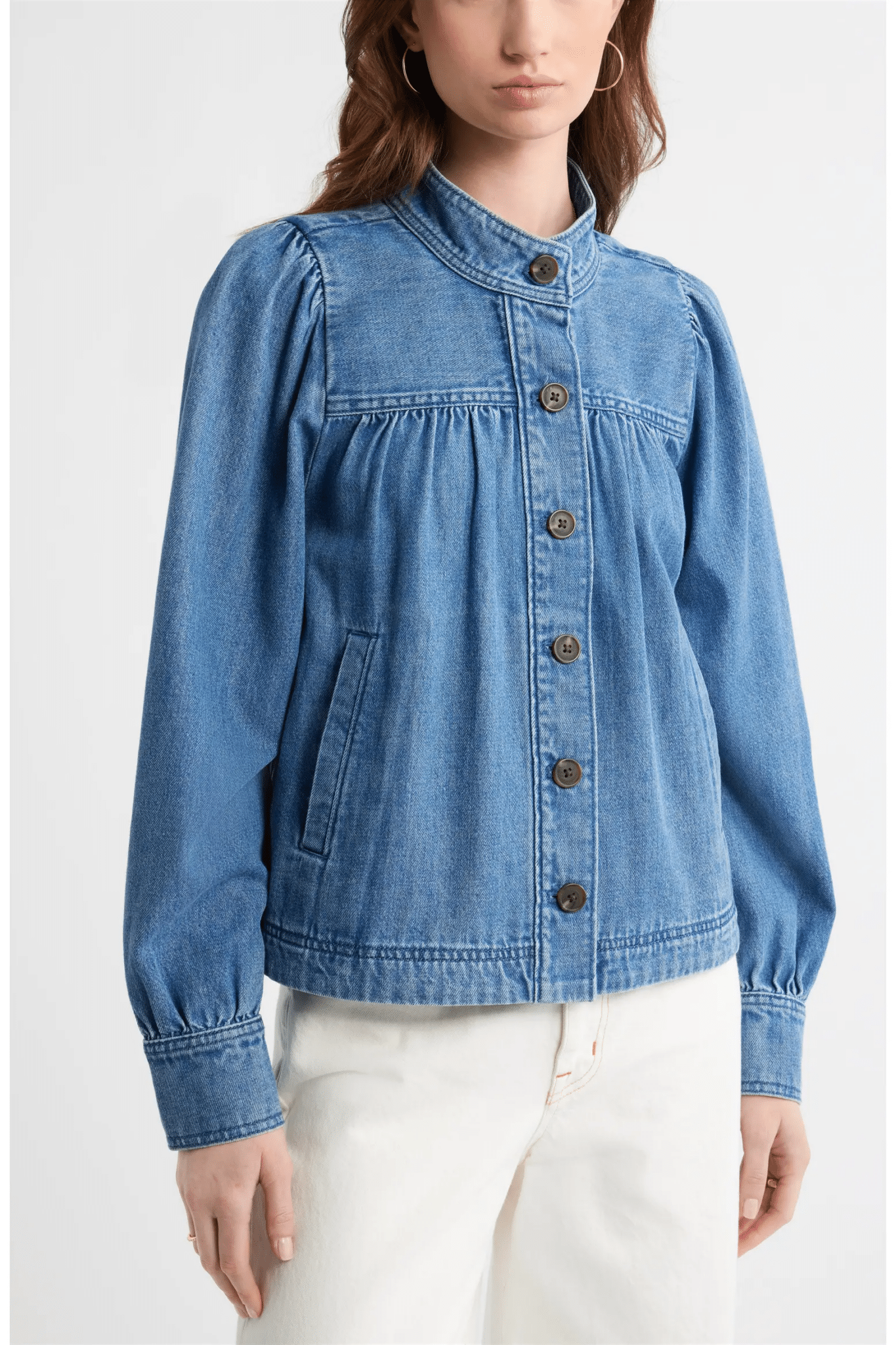 Gathered High Neck Denim Jacket