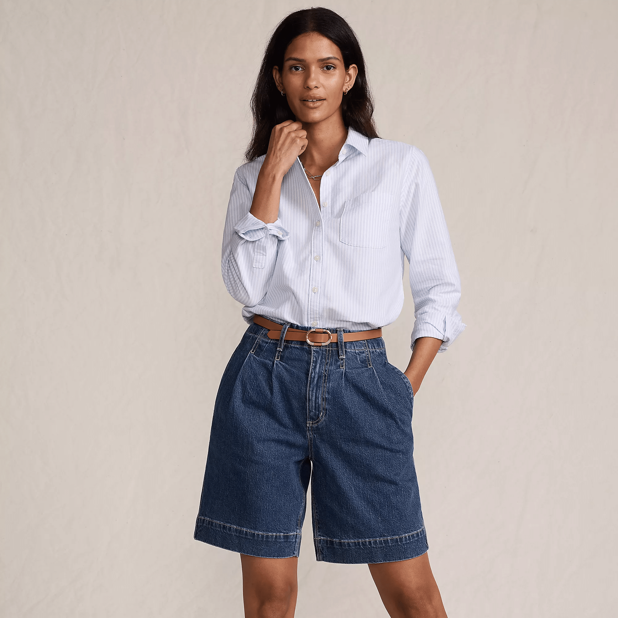 Lands' End Women's Soft Denim High Rise 7" Pleated Trouser Shorts