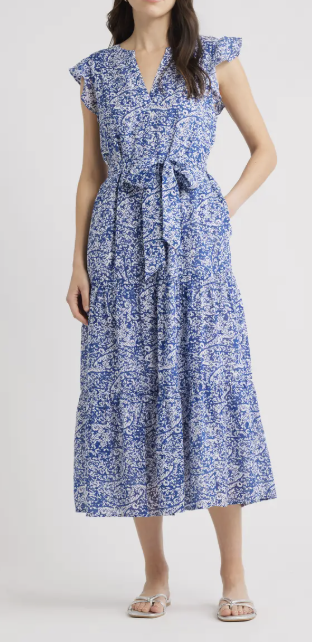 Caslon® Print Ruffle Sleeve Tie Waist Midi Dress