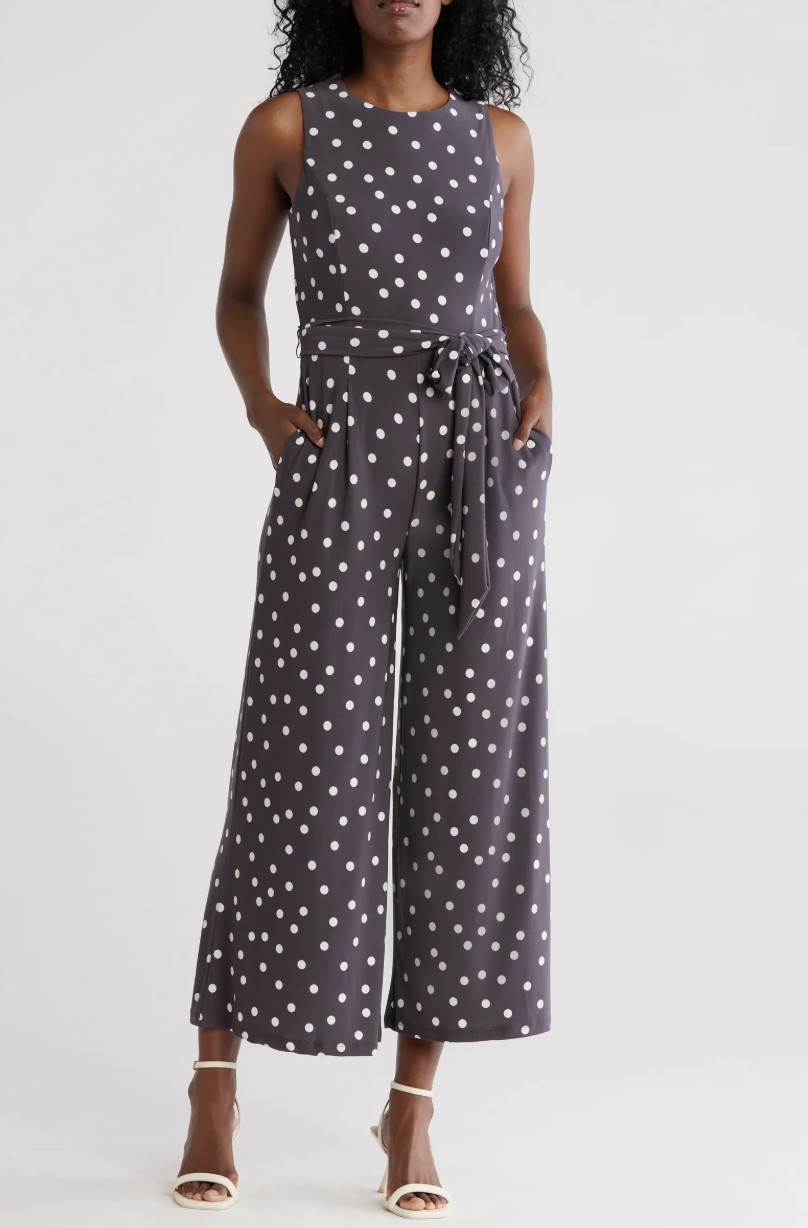 Tommy Hilfiger Polka Dot Sleeveless Tie Waist Crop Jumpsuit