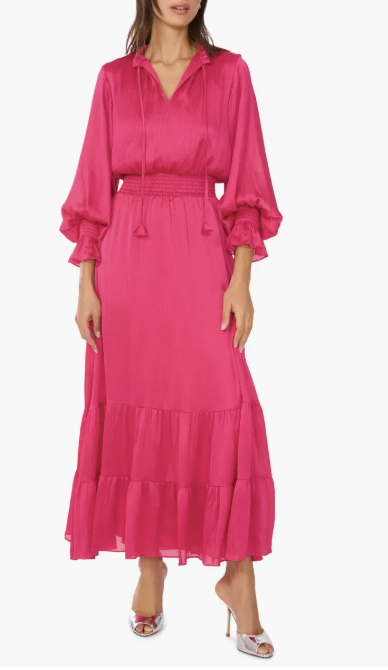 Vince Camuto Crinkle Metallic Long Sleeve Tiered Maxi Dress