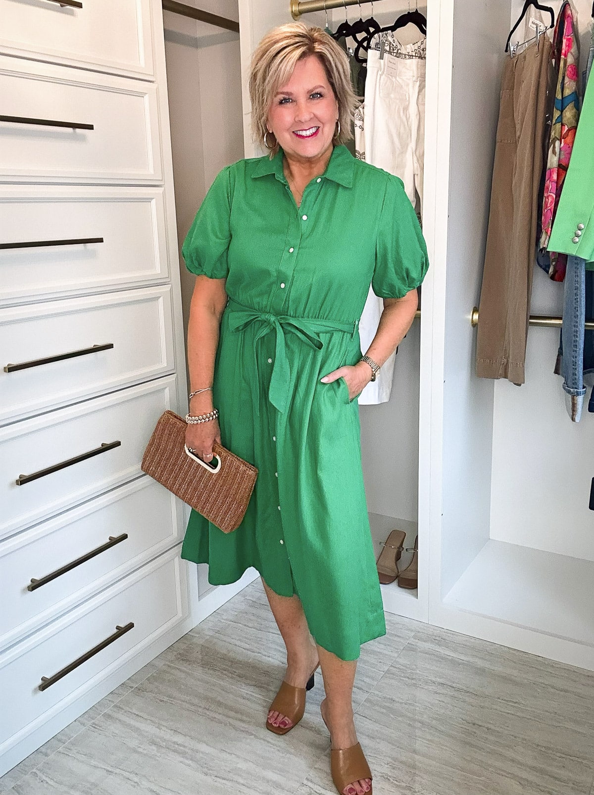 Over 50 Fashion Blogger, Tania Stephens is showing how to beat the summer heatwave In a green shirtdress 6