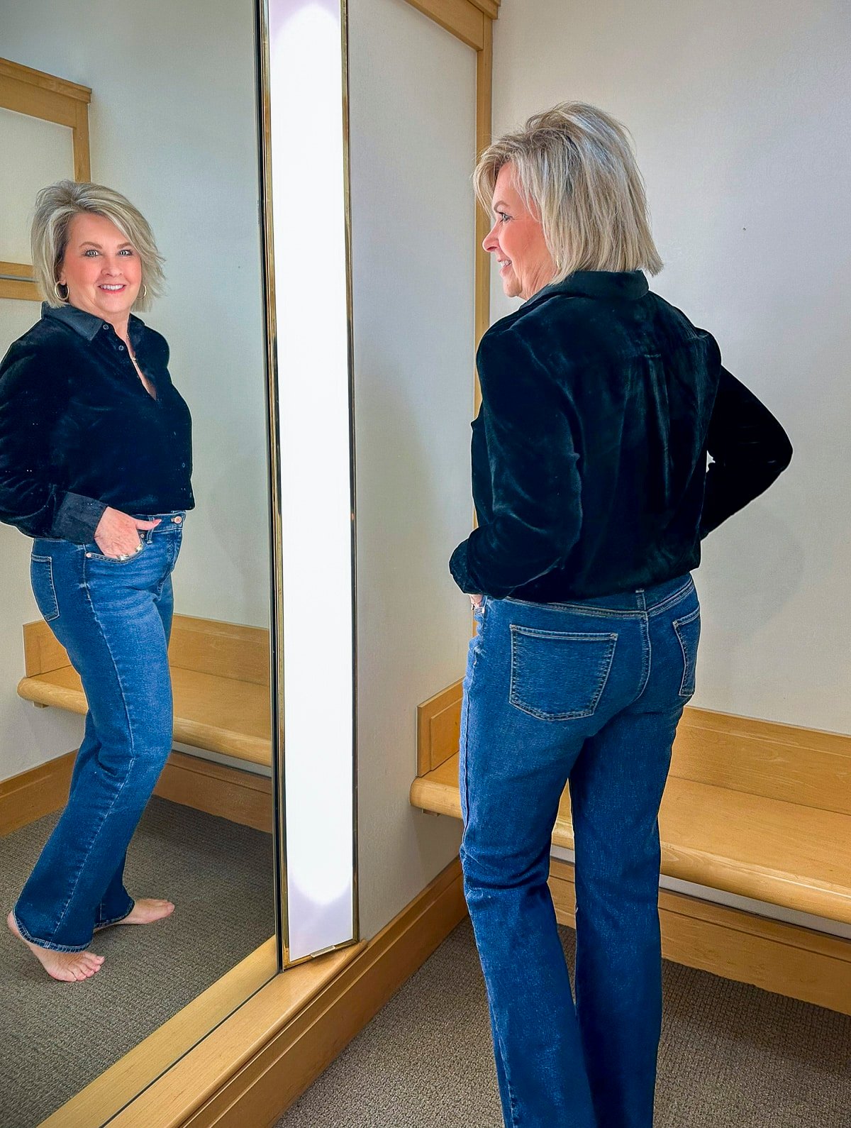 Tania Stephens is trying on a Talbots black velvet shirt and bootcut jeans