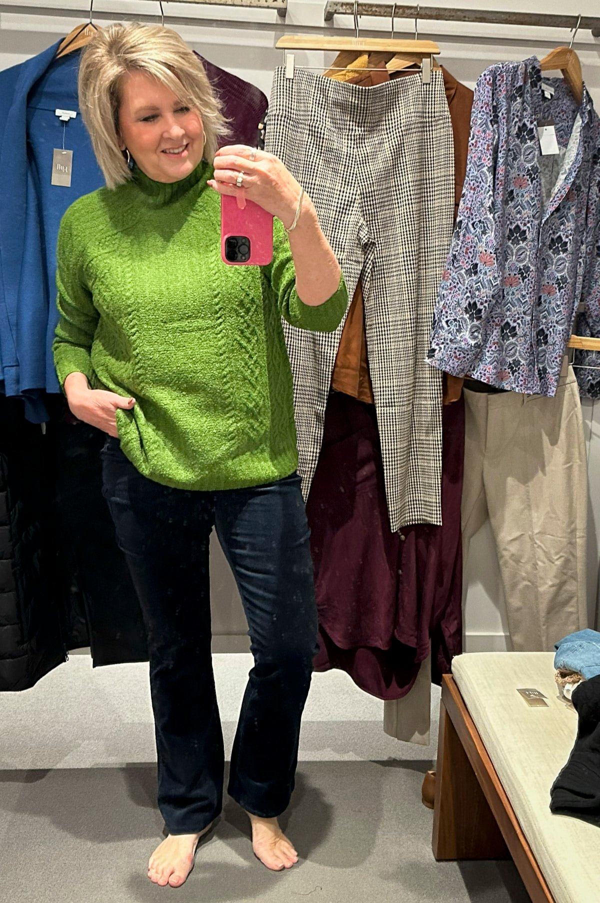 J.Jill Fall Try On For November with a bright green sweater and dark wash pants