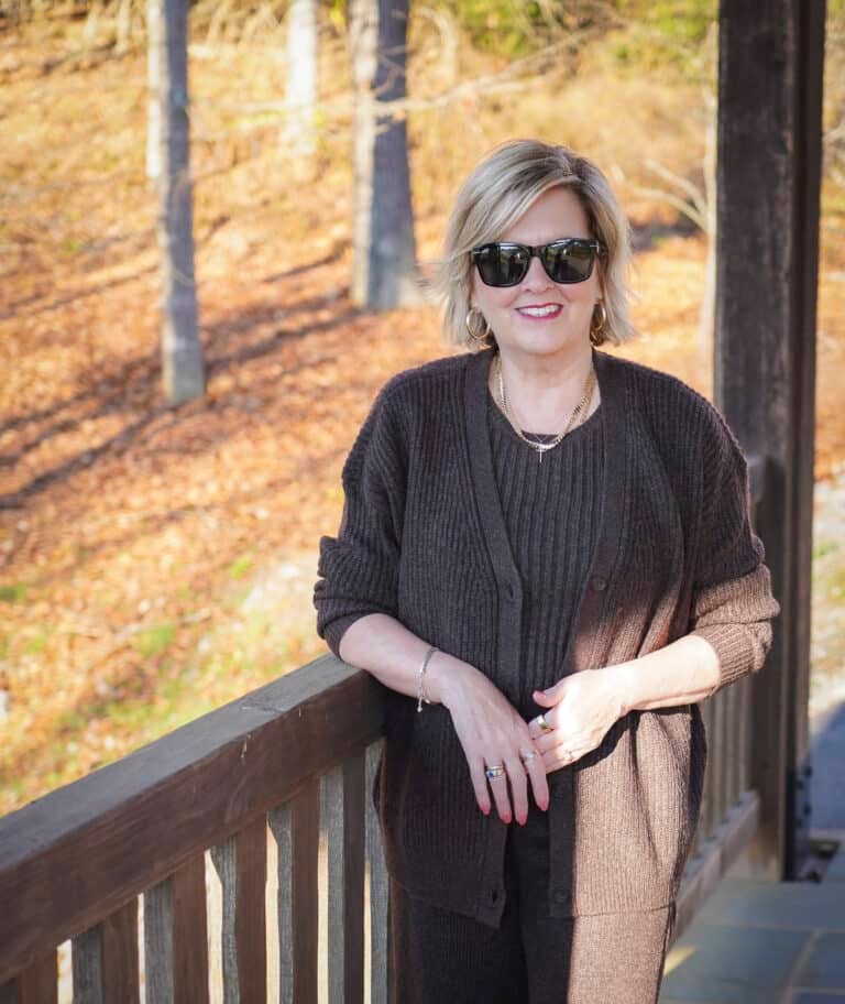 Tania Stephens wearing Kohl's brown cardigan, sweater tank, and wide leg pants