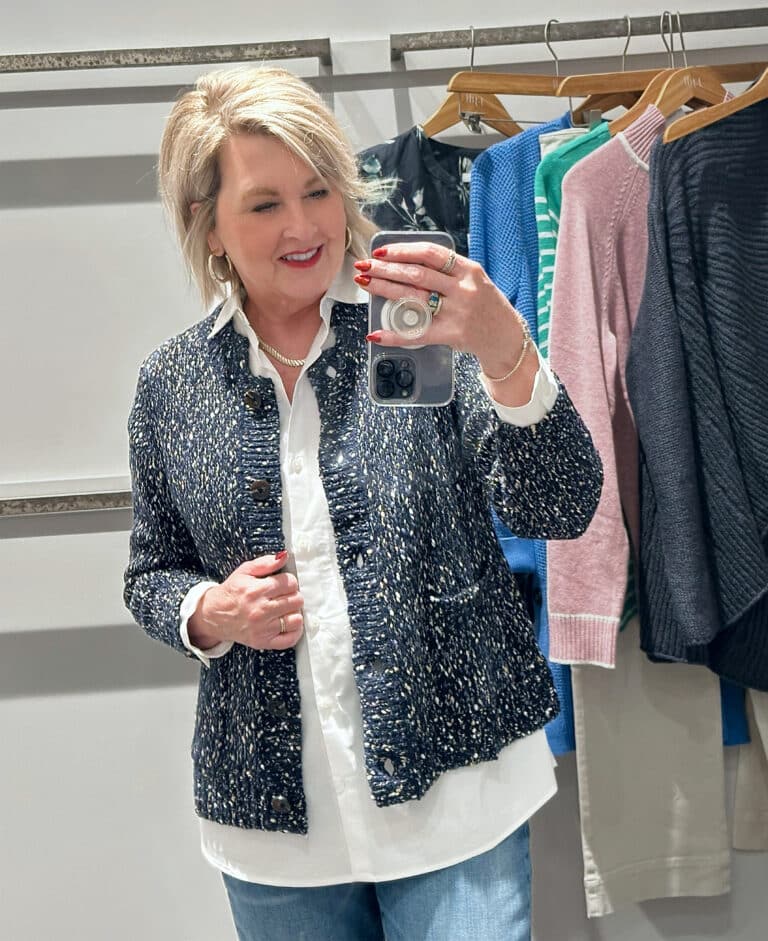 Tania Stephens is doing an in store try on with J.Jill - a white shirt and cardigan