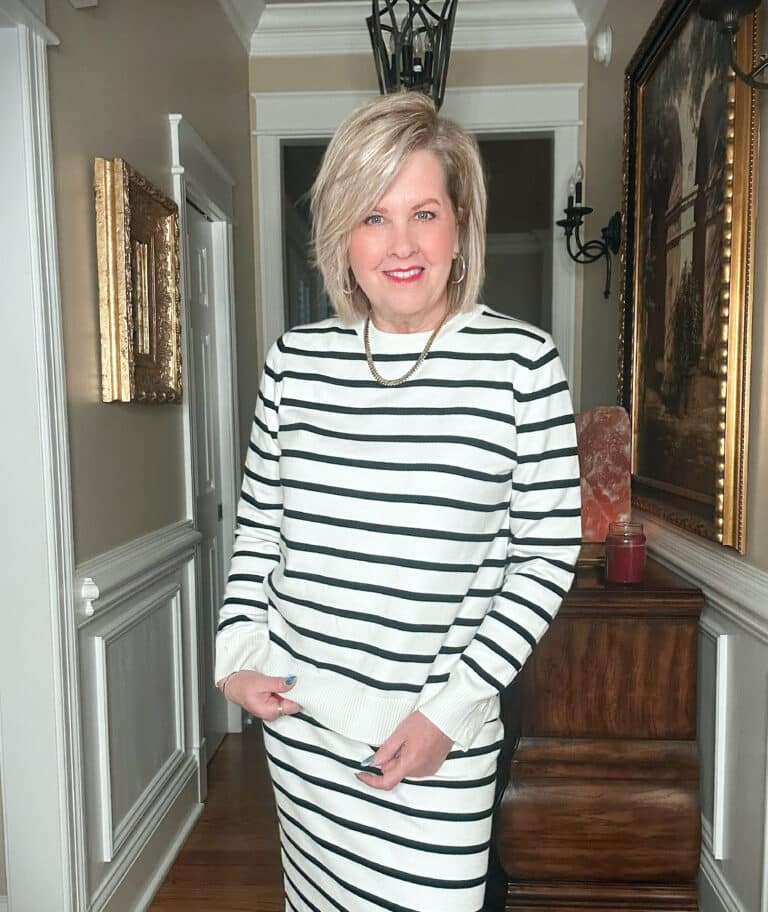 Tania Stephens wearing a black and white knit set from Amazon