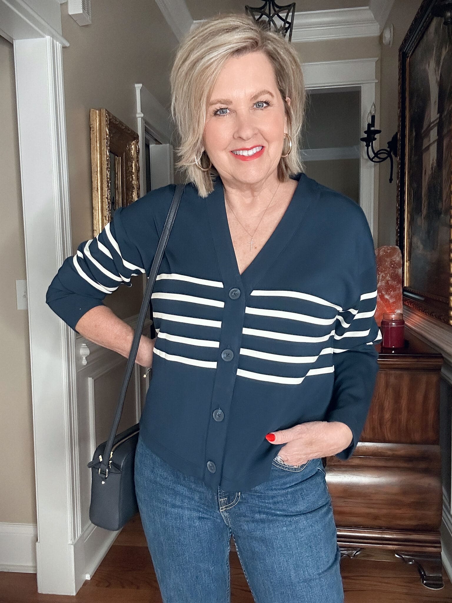 Over 50 Fashion Blogger, Tania Stephens, wearing a SPANX Air Essentials striped top