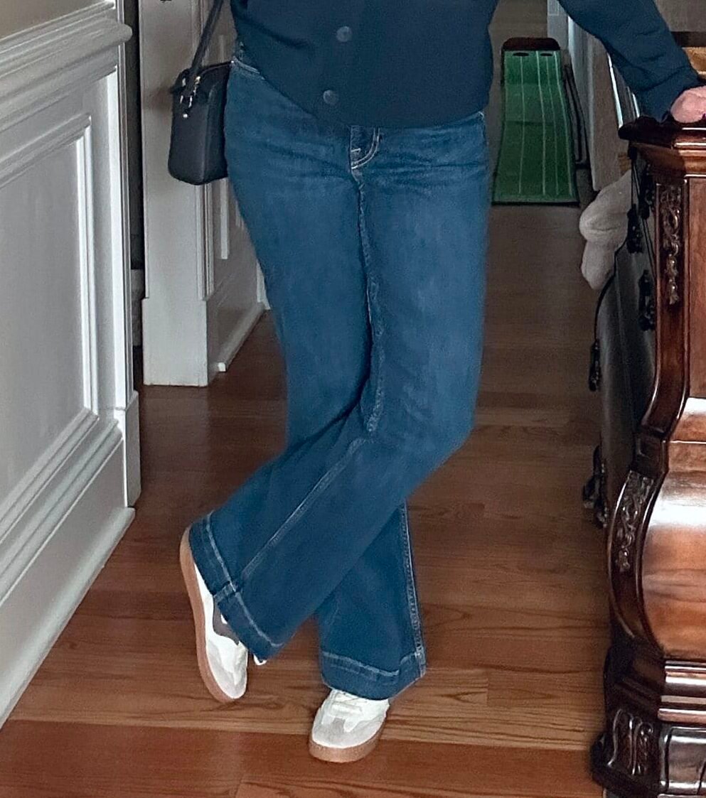 Over 50 Fashion Blogger, Tania Stephens, wearing a SPANX flare jeans