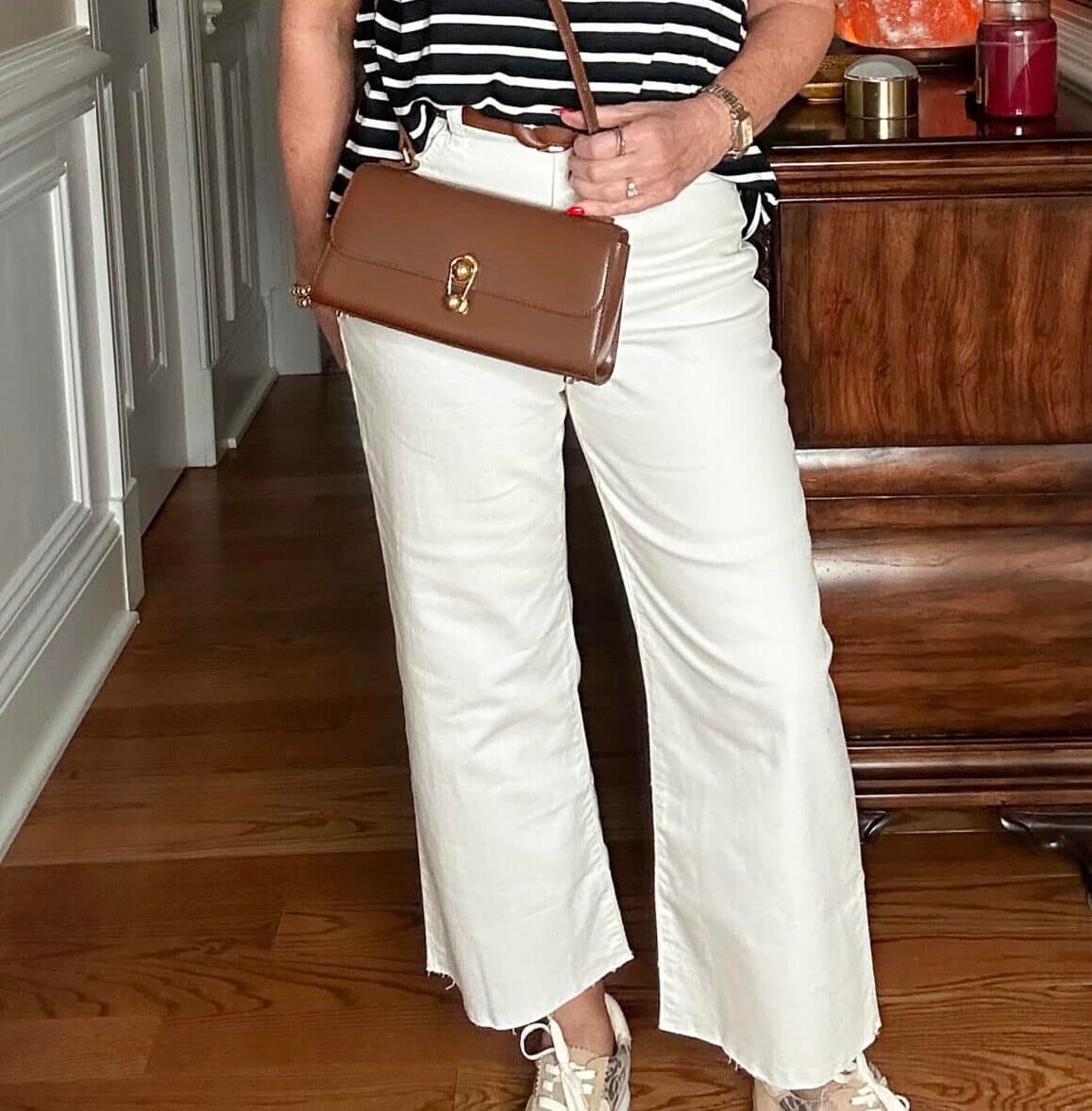 Over 50 Fashion Blogger, Tania Stephens is styling  white crops from J.Crew Factory