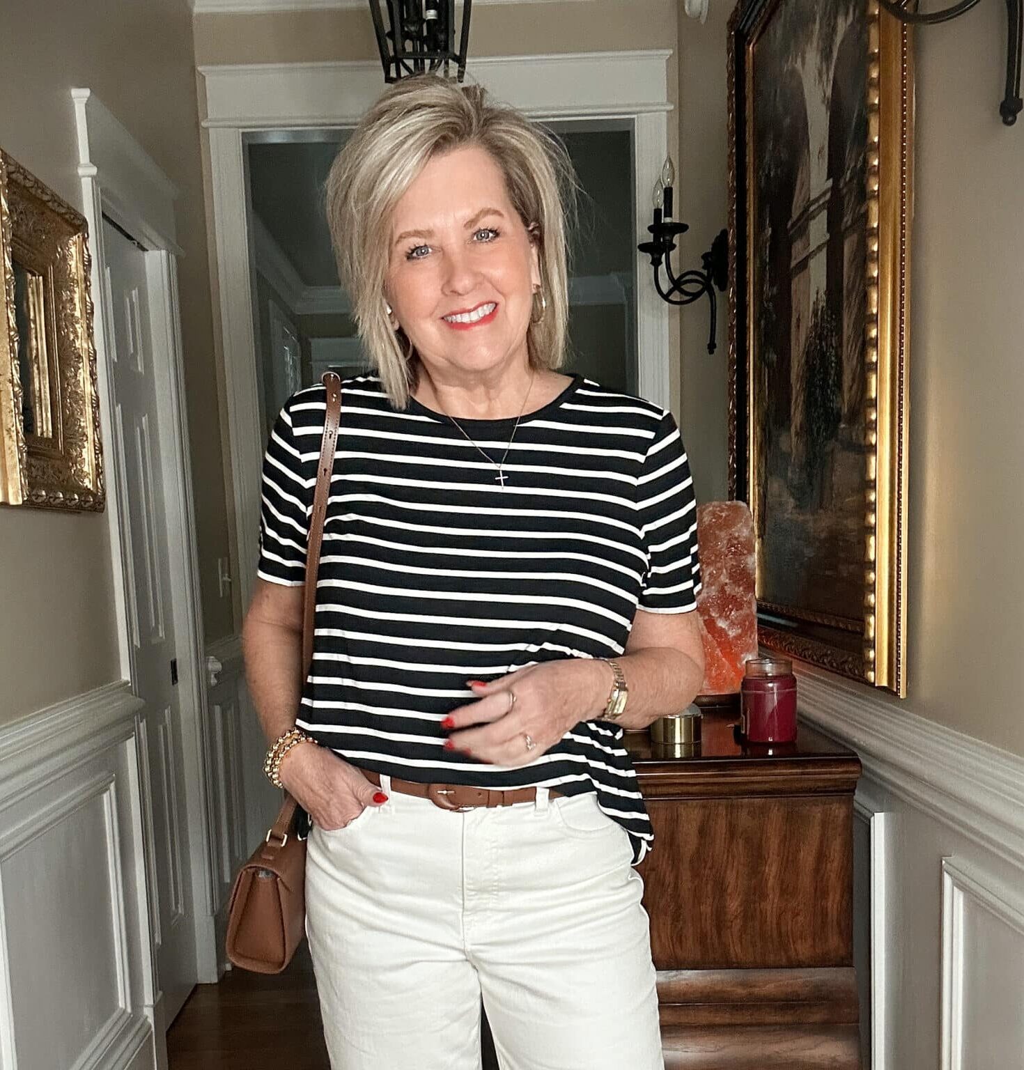 Over 50 Fashion Blogger, Tania Stephens is styling Old Navy clothing - black & white tee 