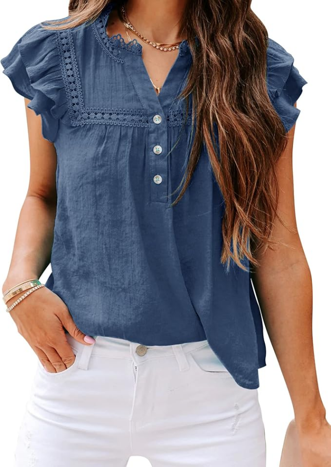 blue short sleeve top with crochet details