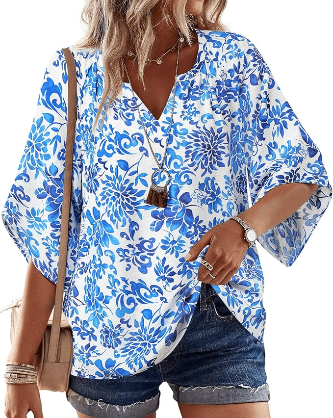 blue and white bat wing blouse