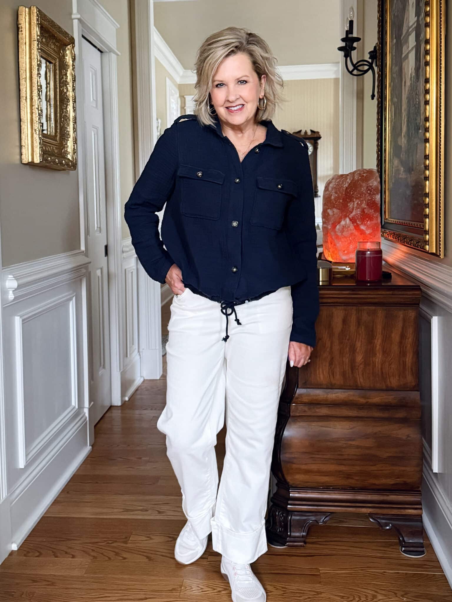 Tania Stephens is wearing a blue gauze jacket with white jeans from Walmart