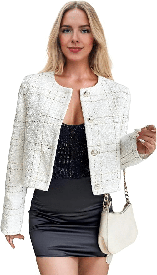 Why a Collarless Jacket is the Perfect Spring Layer for Women Over 50 tania stephens fashion blogger 50 is not old plaid