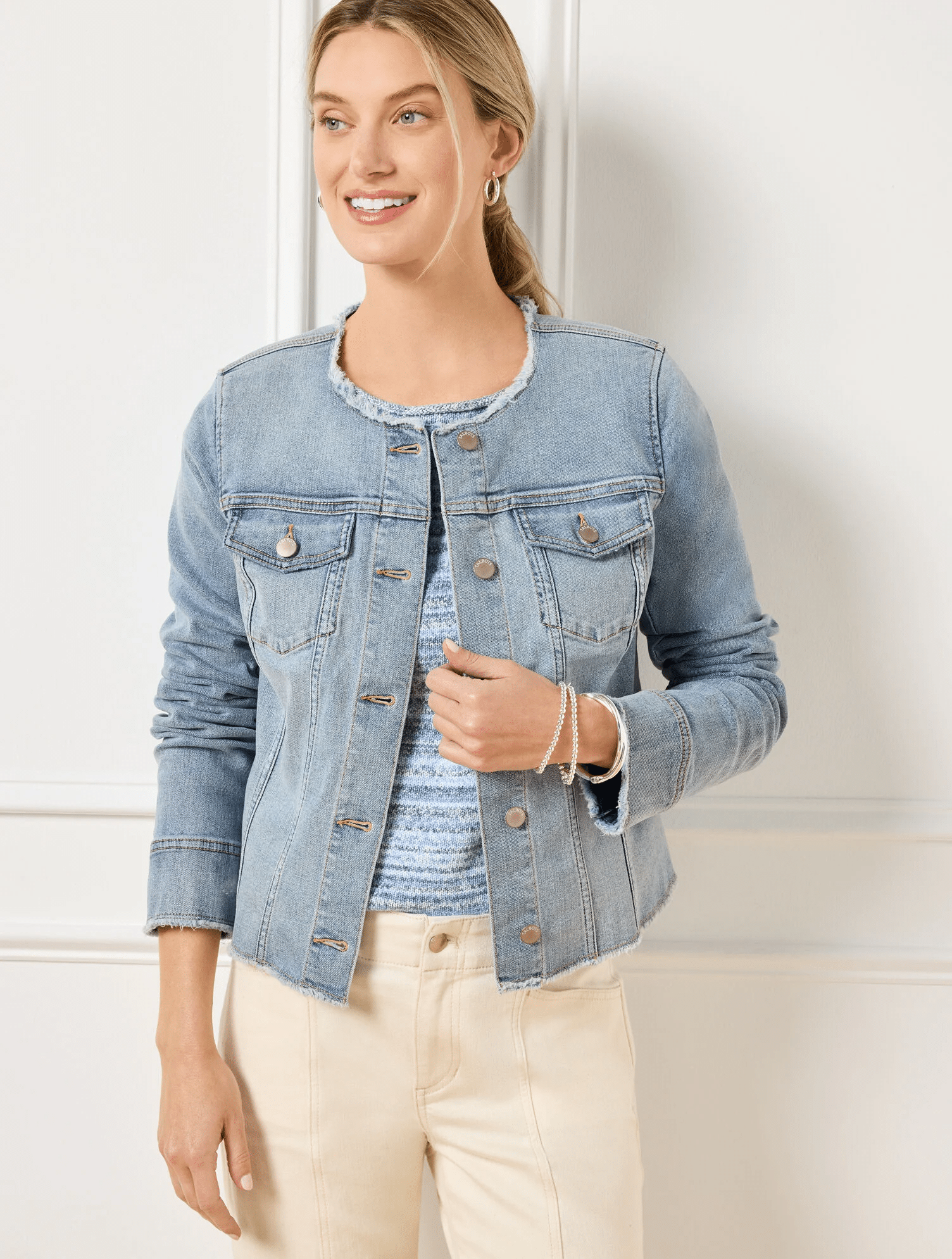 Why a Collarless Jacket is the Perfect Spring Layer for Women Over 50 tania stephens fashion blogger 50 is not old denim