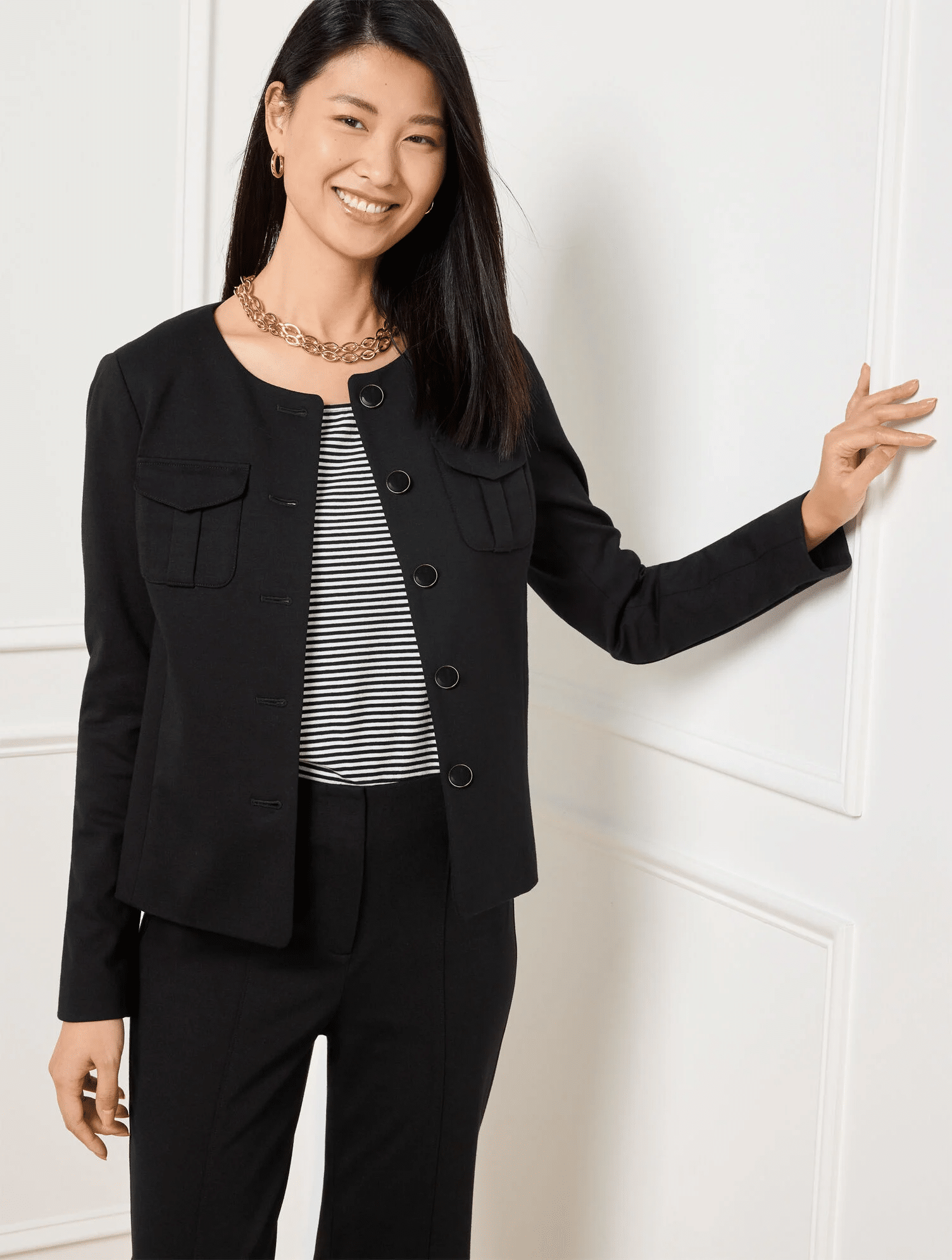 Why a Collarless Jacket is the Perfect Spring Layer for Women Over 50 tania stephens fashion blogger 50 is not old ponte