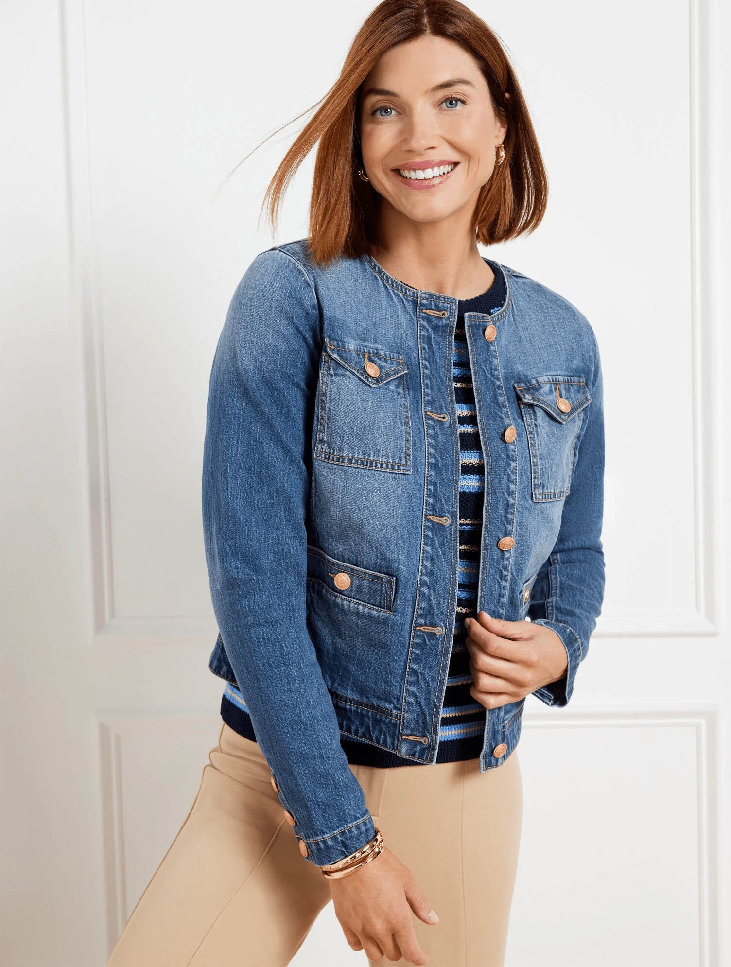 Why a Collarless Jacket is the Perfect Spring Layer for Women Over 50 tania stephens fashion blogger 50 is not old blue