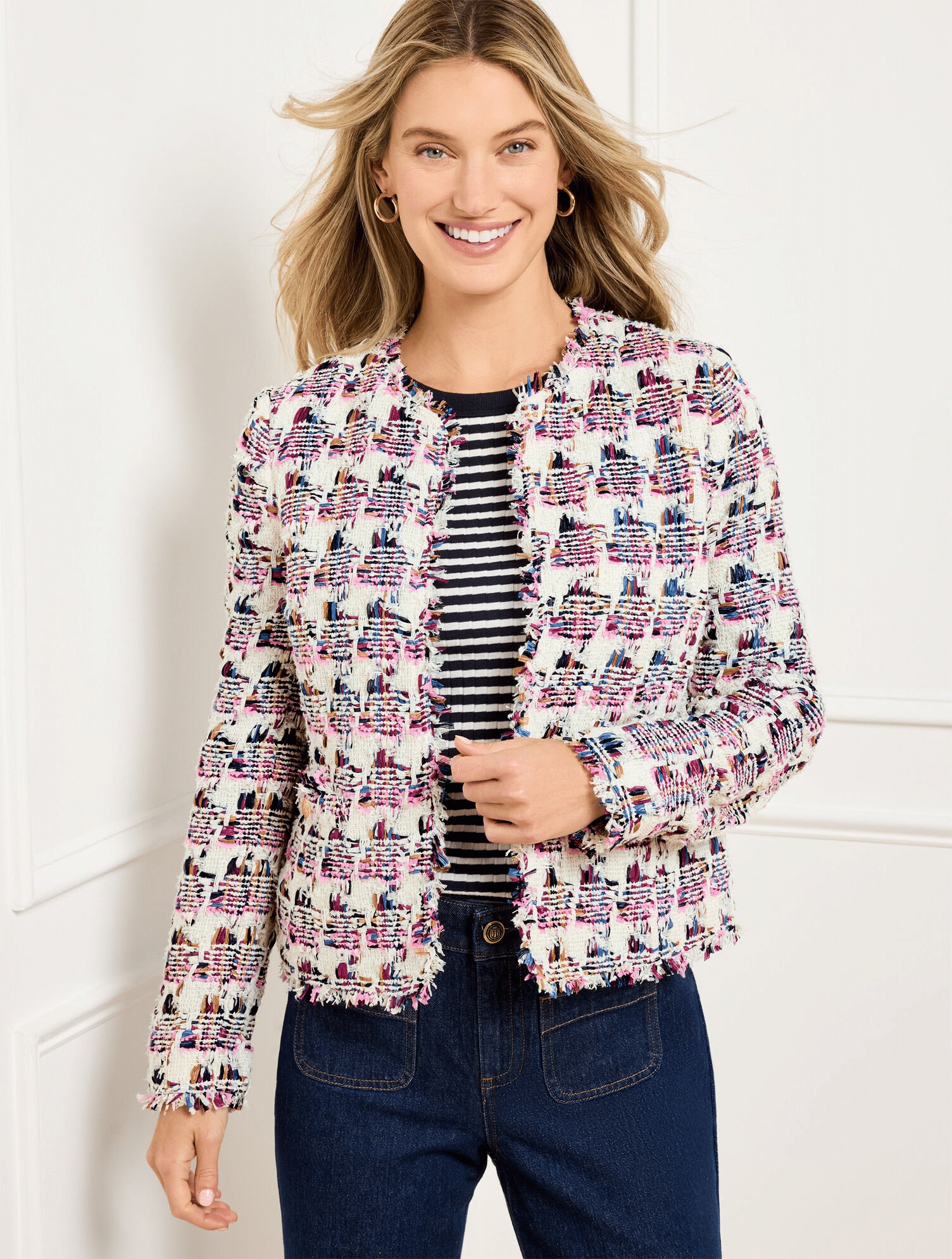 Why a Collarless Jacket is the Perfect Spring Layer for Women Over 50 tania stephens fashion blogger 50 is not old tweed