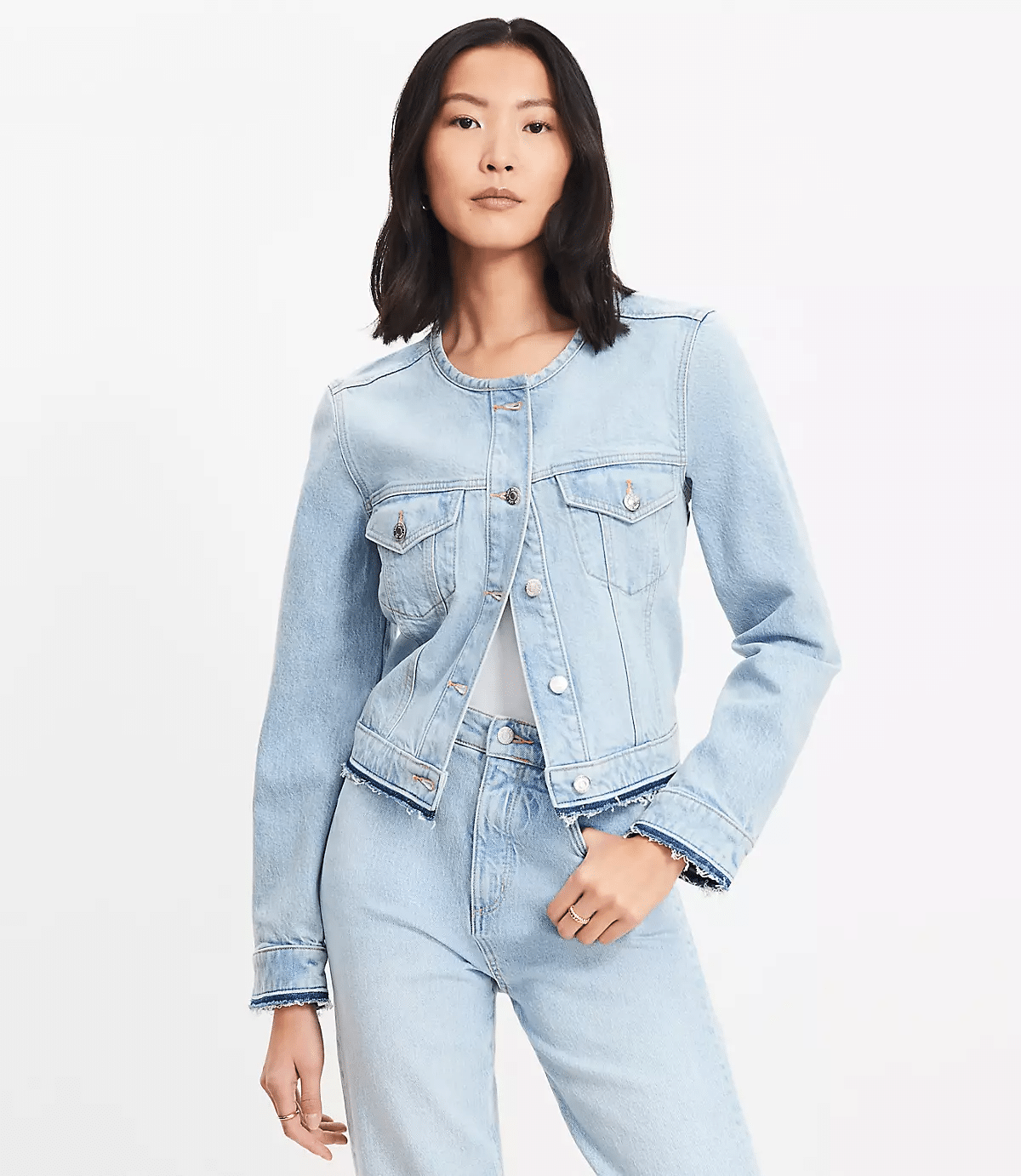Why a Collarless Jacket is the Perfect Spring Layer for Women Over 50 tania stephens fashion blogger 50 is not old loft