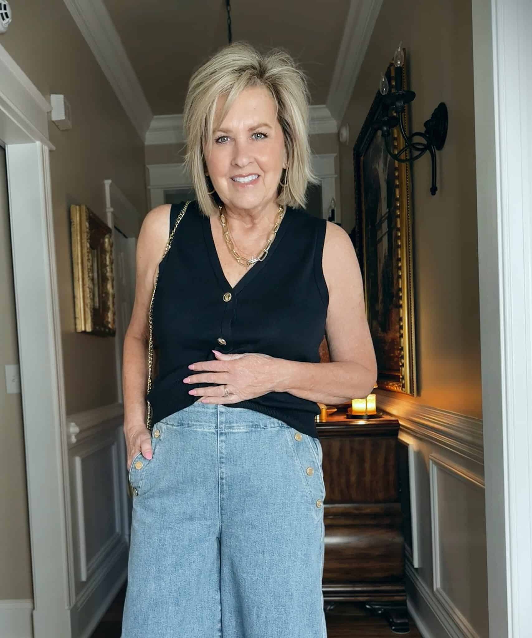 Tania Stephens is wearing wide leg sailor jeans