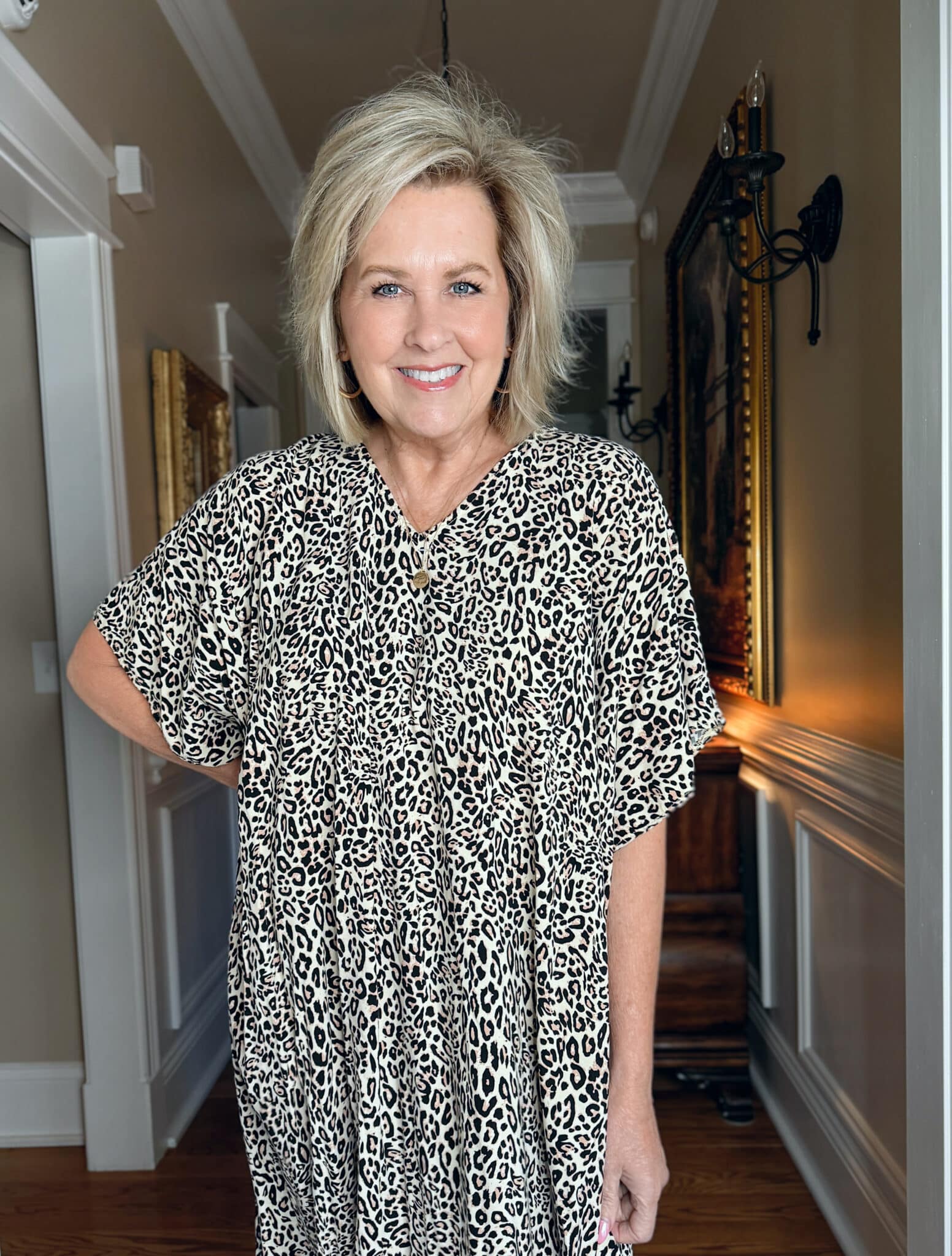 Tania Stephens wearing a leopard print dress from Amazon