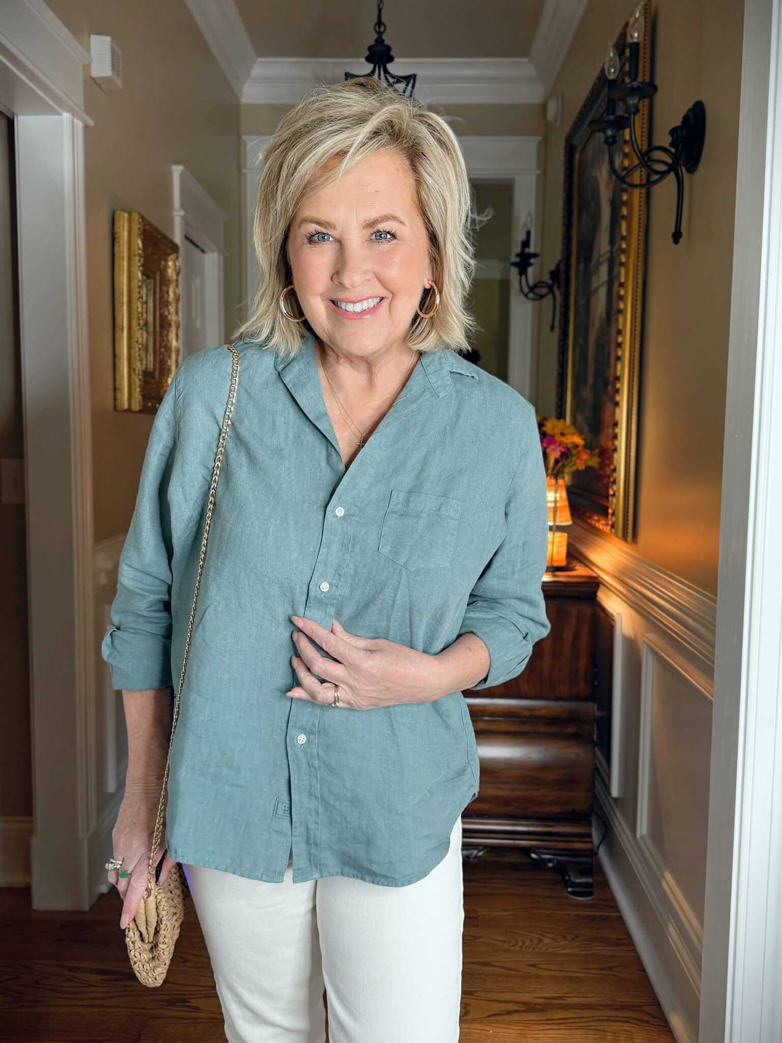 Tania Stephens wearing Frank & Eileen green linen button up shirt 
