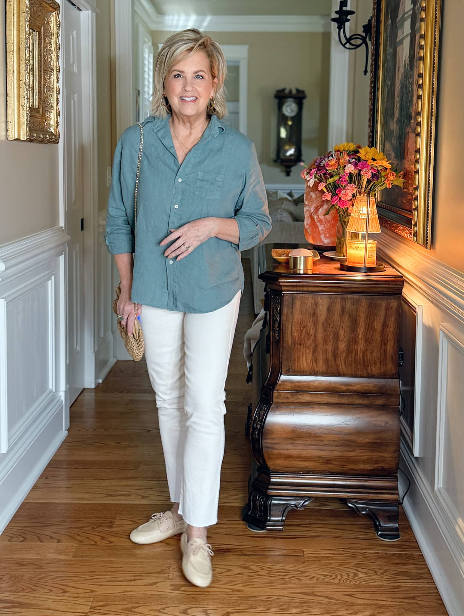 Tania Stephens wearing Frank & Eileen green linen button up shirt and pull on straight leg ankle pants