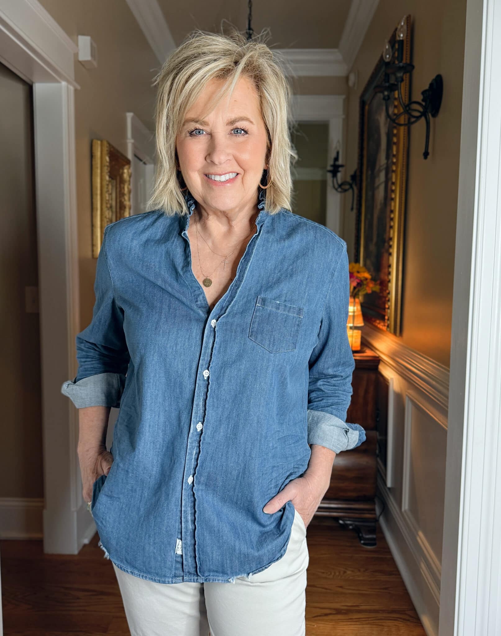 Tania Stephens wearing Frank & Eileen denim button up shirt with ruffle collar 