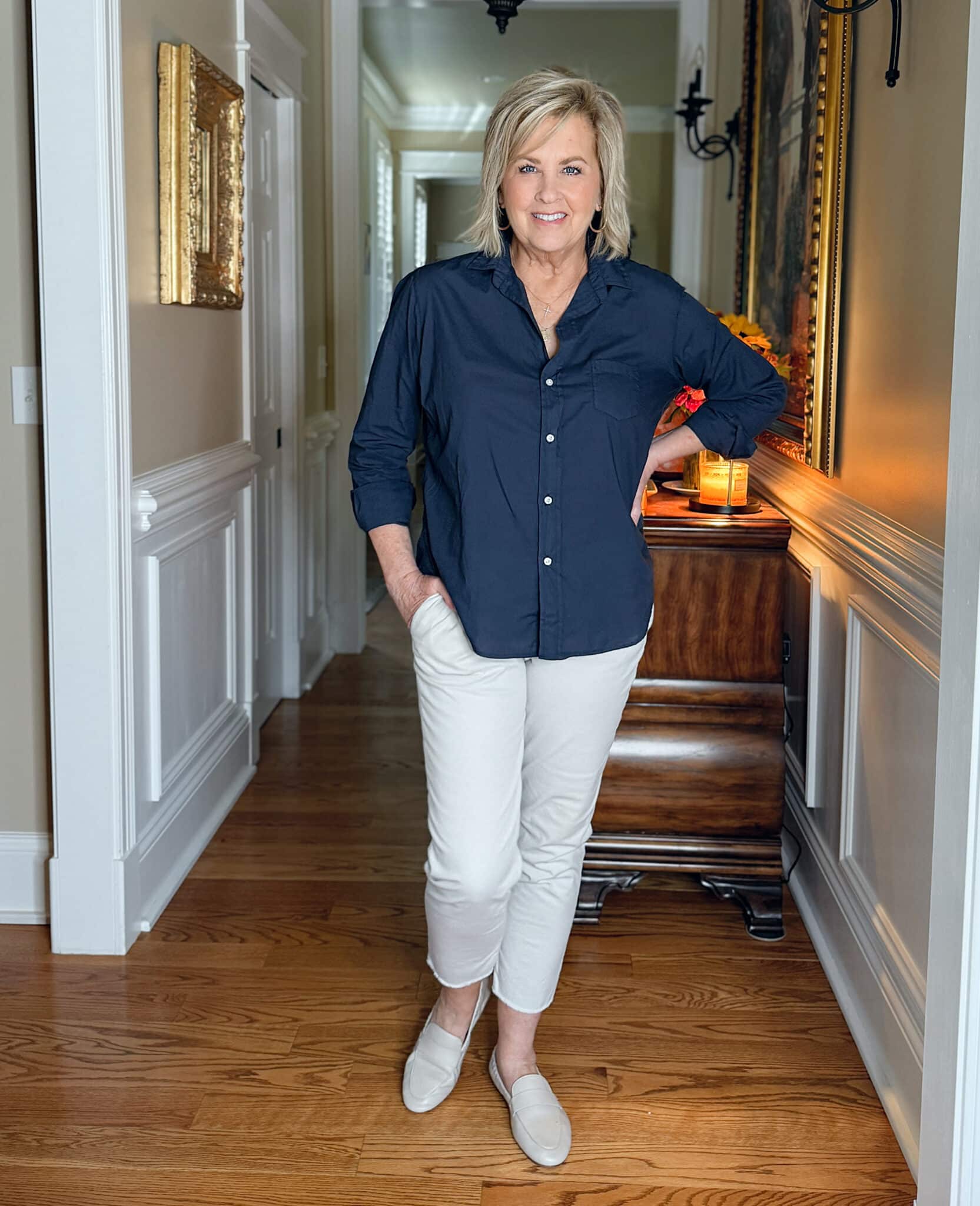 Tania Stephens wearing Frank & Eileen navy button up shirt and straight leg ankle pants