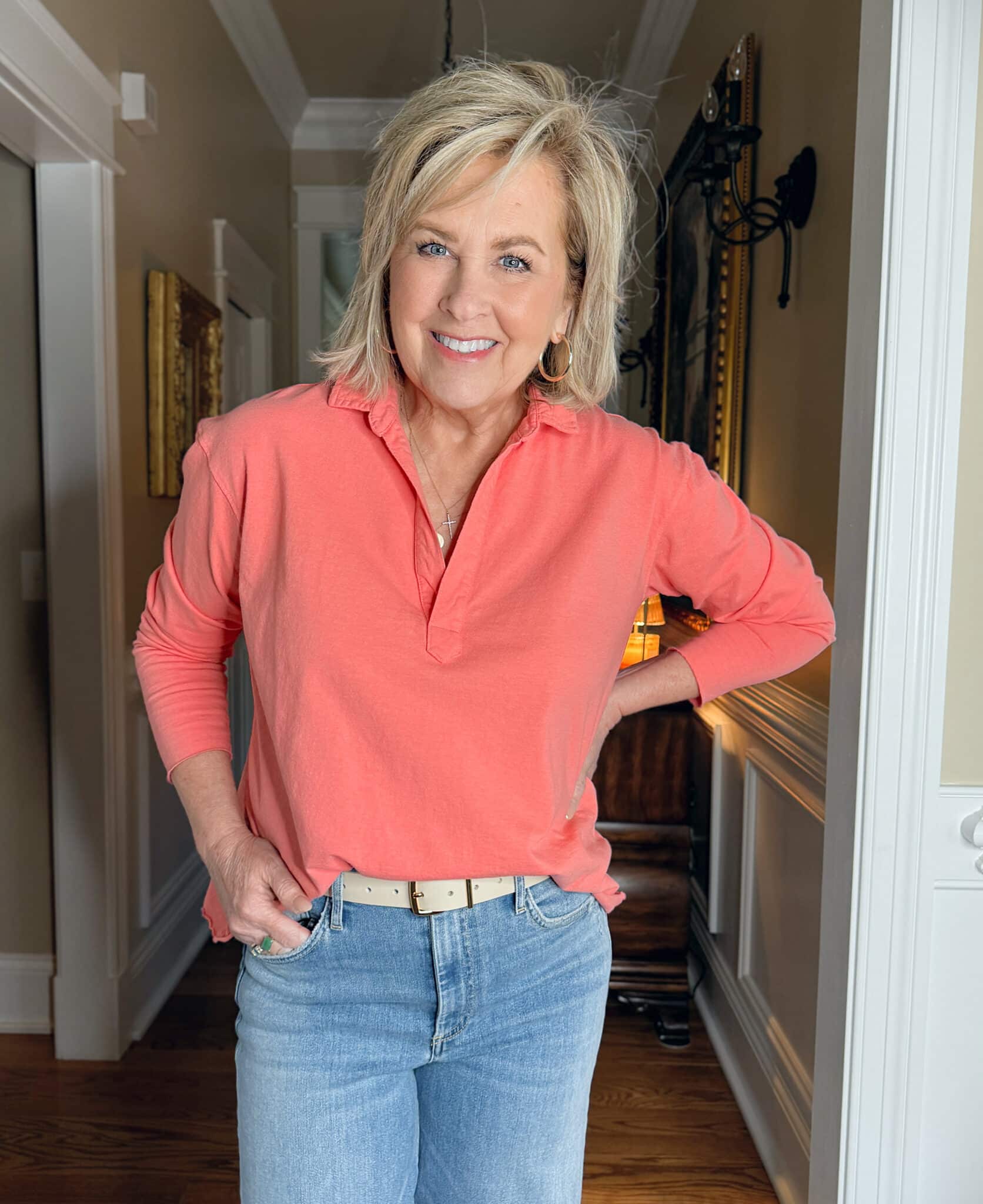 Tania Stephens wearing Frank & Eileen persimmon polo top
