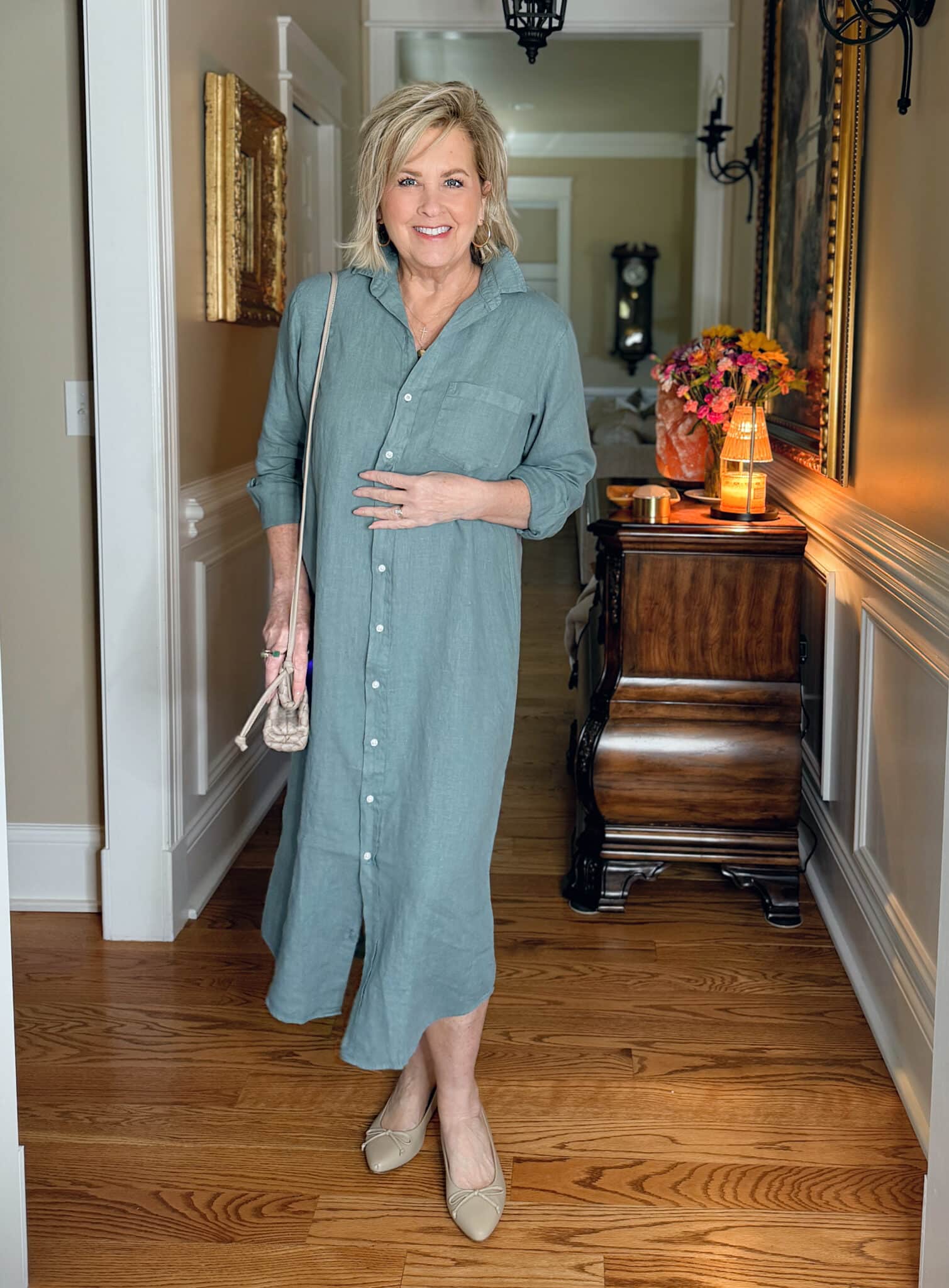 Tania Stephens wearing Frank & Eileen green linen maxi dress and ballet flats