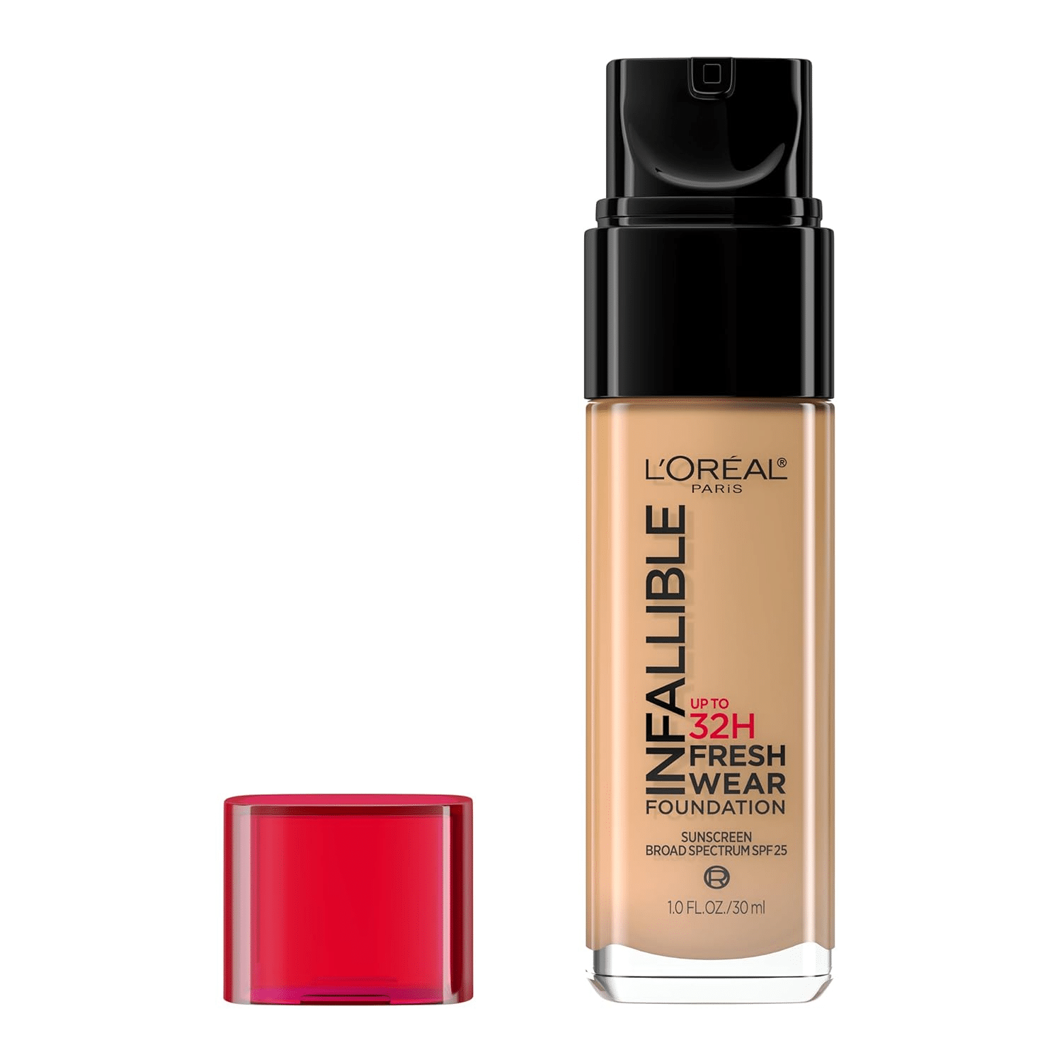 TL’Oréal Infallible Fresh Wear Foundation bottle shown standing upright with a pump top. A long-wearing, buildable foundation with SPF that works well for mature skin without feeling heavy.