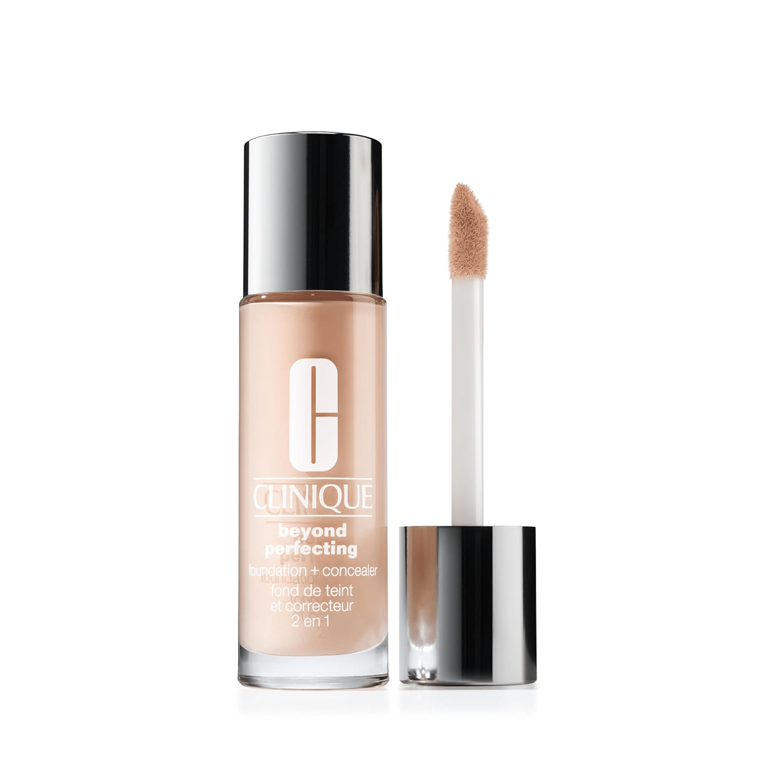 Clinique Beyond Perfecting Foundation + Concealer photographed with applicator wand. A multitasking formula praised for its full coverage and lightweight feel on aging skin.