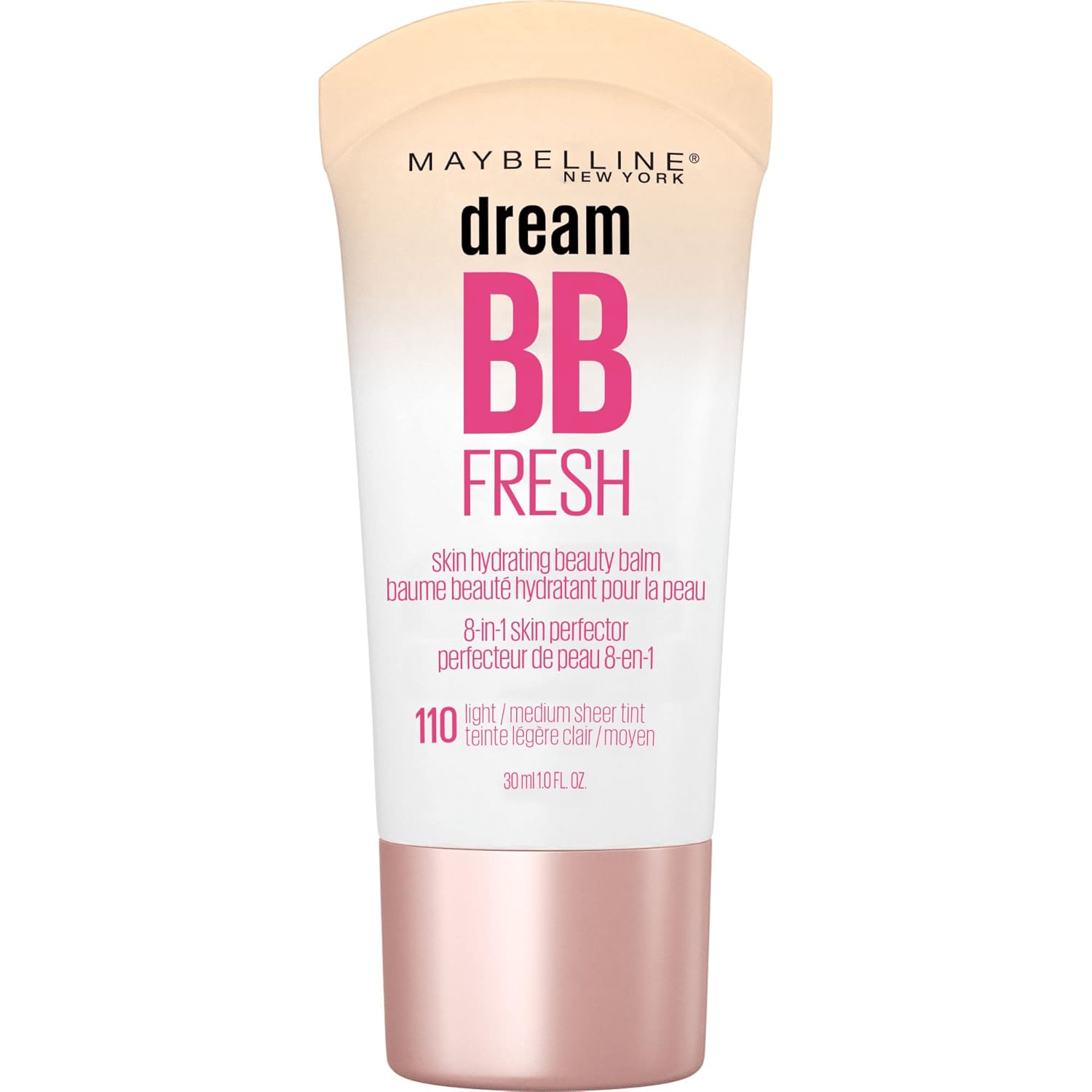 Maybelline Dream Fresh BB Cream tube with pink cap, shown lying flat. A sheer, hydrating BB cream with SPF 30 that offers a no-fuss, natural look for dry or mature skin.