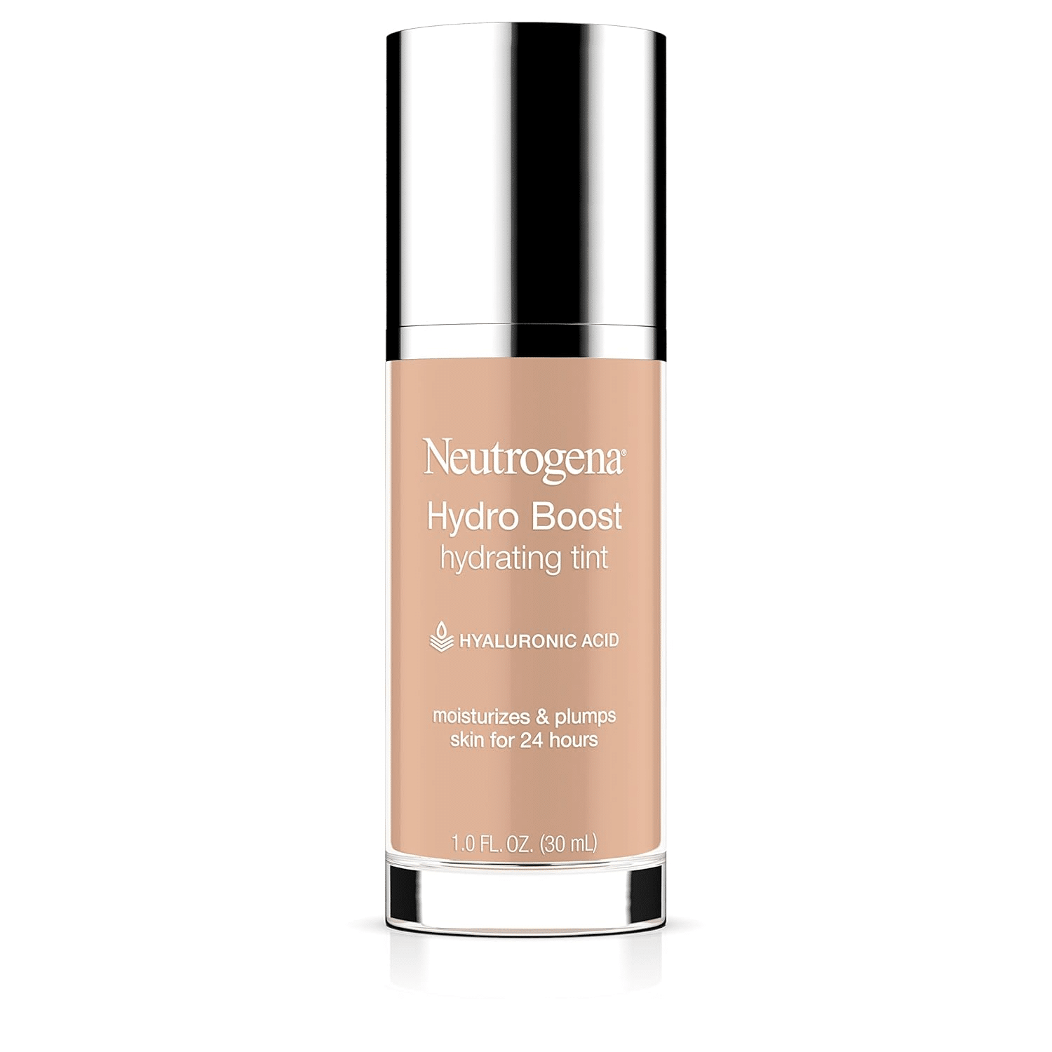 Neutrogena Hydro Boost Hydrating Tint bottle with blue cap, photographed near skincare items. A lightweight tint with hyaluronic acid that leaves mature skin looking dewy and refreshed.
