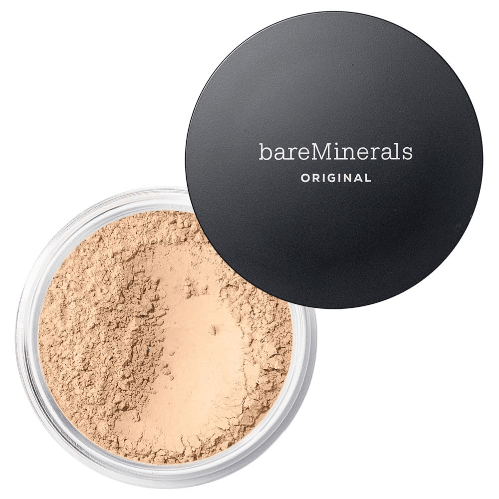 bareMinerals Original Loose Powder Foundation with open lid and powder brush beside it. A classic mineral foundation that softly blurs imperfections and suits sensitive, mature skin.